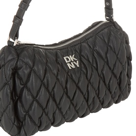 DKNY Remy Quilted Shoulder Bag in black with diamond quilted finish, silver-tone hardware, top zip fastening and logo lettering