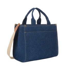 DKNY DK Denim cotton tote bag with short handles, cream crossbody strap, gold zip, and front exterior pocket