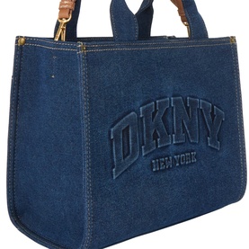 DKNY dark denim tote bag with embossed logo, tan leather top handles, gold-tone hardware and zip fastening