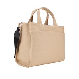 DKNY Hadlee Medium Tote Bag in khaki canvas with black adjustable crossbody strap, dual top handles, and silver-tone hardware