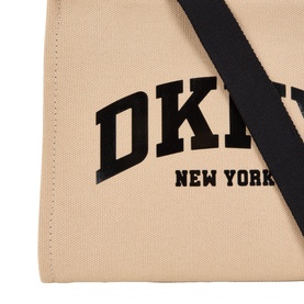 DKNY Hadlee Medium Tote Bag in khaki canvas with black logo branding and black adjustable shoulder strap visible