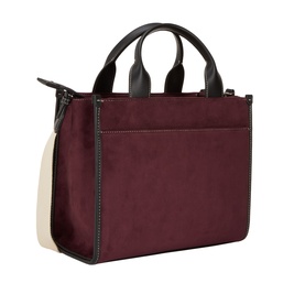 DKNY Hadlee Medium Tote Bag in Aged Wine faux suede with black top handles, cream woven shoulder strap, and silver-tone hardware