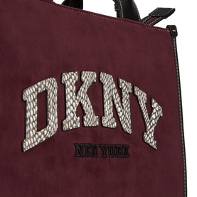DKNY Hadlee Medium Tote Bag in aged wine faux suede with snake-effect logo appliqu&eacute;, silver-tone hardware, close-up detail shot