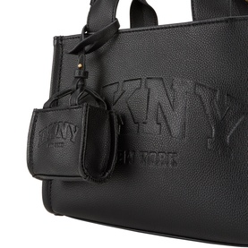 DKNY Hadlee Small Tote Bag in black pebbled leather with embossed logo, gold-tone hardware, and mini pouch charm detail