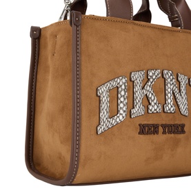 DKNY Tote in almond suede with snake-effect logo lettering, brown leather trim and handles, silver-tone hardware