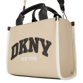 DKNY Hadlee Small Tote Bag in light taupe with black contrast trim, varsity logo appliqu&eacute;, dual top handles and silver-tone hardware detail