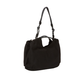 DKNY Mabel Large Tote Bag in black polyester with silver-tone chain shoulder strap, carry handles, and magnetic closure