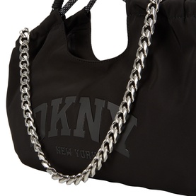 DKNY Mabel Large Tote Bag in black with silver-tone chunky chain strap and embossed logo detail on nylon body.