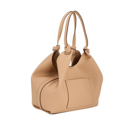DKNY cappuccino leather tote bag with dual knotted handles, front patch pocket, and structured silhouette, gold-tone hardware