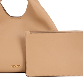 DKNY cappuccino tote bag with matching pouch insert, smooth leather, gold logo hardware