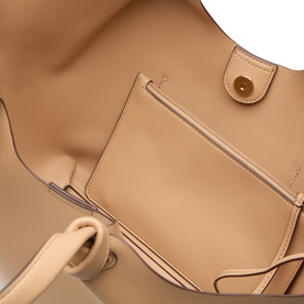 DKNY Tote in cappuccino leather, interior view showing slip pocket and gold-tone snap closure