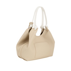 DKNY light taupe tote bag with white knotted top handles and gold-tone hardware, structured base and smooth leather exterior
