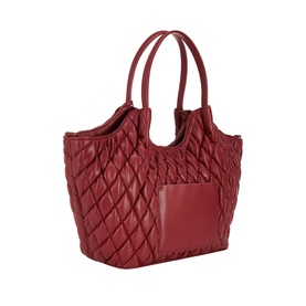DKNY Paula Quilted Medium Tote Bag in Rhythm Red with diamond quilting, top handles, exterior slip pocket, and silver-tone hardware