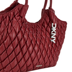 DKNY Paula Quilted Medium Tote Bag in Rhythm Red with silver-tone logo hardware and diamond-quilted PU exterior, top carry handles
