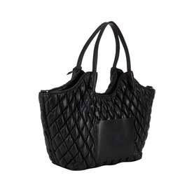 DKNY Paula Quilted Medium Tote Bag in black with diamond quilted finish, dual top handles, and silver-tone hardware with exterior pocket