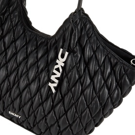 DKNY Paula Quilted Medium Tote Bag in black with silver-tone hardware and logo branding, quilted finish detail visible