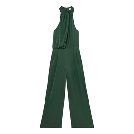 Reiss teal green halterneck wide-leg jumpsuit with draped neckline and pleated trousers, flat lay view