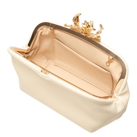 Marella Abete Embellished Clutch Bag in ivory, open view showing peach lining, gold-tone frame with floral embellishment and turn-lock clasp