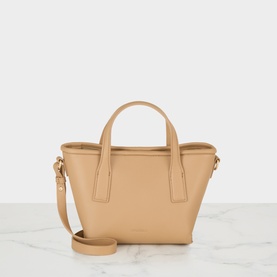 Marella camel small tote bag with twin top handles, gold-tone hardware and detachable crossbody strap