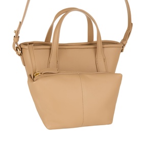 Marella camel mini tote bag with twin top handles, adjustable crossbody strap, gold-tone hardware, and structured base.