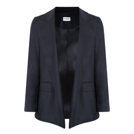 Marella navy plain blazer in virgin wool blend, open front, notch lapels, flap pockets, with satin lining visible