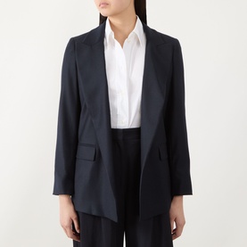 Model wearing Marella navy plain wool blazer with notch lapels and welt pockets, styled with white shirt and black trousers
