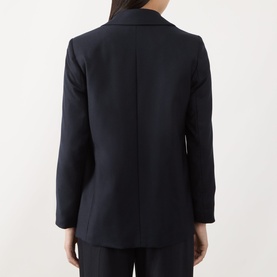 Model wearing Marella navy plain wool blazer, rear view, styled with matching navy trousers