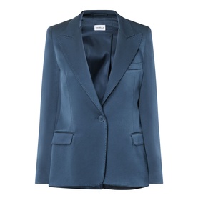 Steel blue single-button blazer with peak lapels, welt chest pocket, and flap hip pockets, with a satin-finish fabric
