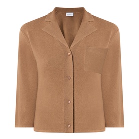 Marella Alpaca Knitted Polo Cardigan in camel, notch lapel collar, chest patch pocket, front button fastening, cropped length, brushed finish