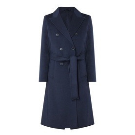 Marella Laghi Belted Coat in navy, double-breasted with peak lapel, self-tie waist belt and straight hem in 100% virgin wool