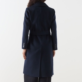 Model wearing Marella Laghi Belted Coat in navy, showing rear view with self-tie belt, buttoned cuffs, and rear vent detail