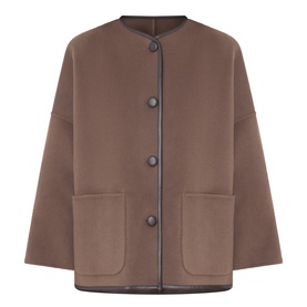 Marella brown wool blend coat with collarless neckline, dark button fastening, contrast trim detail and two front patch pockets