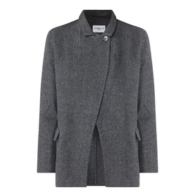 Marella wool coat in Melange Dark, asymmetric wrap front, snap collar fastening, side pockets, relaxed silhouette