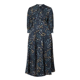 Marella Navy Pebbles midi dress in 100% viscose, featuring a tie neck, three-quarter sleeves, and a flared skirt with scattered pebble print