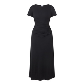 Marella black short-sleeve midi dress with ruched waist detail, A-line skirt, viscose blend fabric, ghost mannequin shot