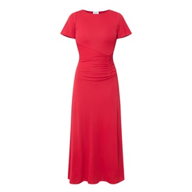 Marella red midi dress with short sleeves, ruched waist detail, and A-line skirt in viscose blend fabric