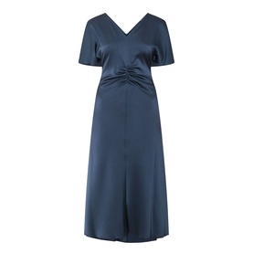 Marella aviation blue satin midi dress with V-neckline, ruched front detail, short sleeves and A-line skirt