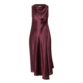 Marella Libero Draped Dress in bordeaux, sleeveless satin midi with draped neckline, waist pleat detail and asymmetric hemline