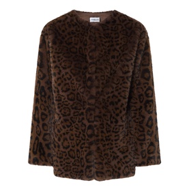 Marella Cocoa Spotted faux fur jacket with leopard print, collarless design and long sleeves, in brown tones