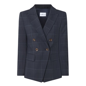 Marella navy check double-breasted blazer jacket with tortoiseshell buttons and notched lapel