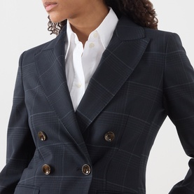 Model wearing Marella navy check double-breasted blazer with gold buttons, styled with a white shirt underneath.