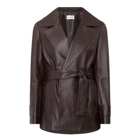 Marella brown leather belted jacket with wide lapels, tie waist belt, and turn-back cuffs