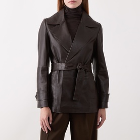 Model wearing Marella brown leather belted jacket with wide lapels and cuffed sleeves, styled with dark trousers and turtleneck