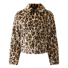 Marella Angel Leopard Faux Fur Jacket in Camel Spotted, cropped silhouette with flat collar, button fastening and long sleeves