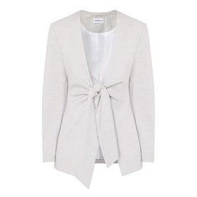 Marella Facella Tie-Front Blazer in light grey, textured finish, wide V-neckline, structured shoulders, tie-front fastening, long sleeves