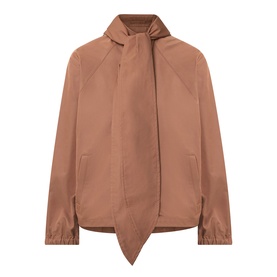 Marella Calamo Water-Repellent Jacket in Tobacco Brown with front-tie sash, raglan sleeves, snap-button collar, and welt pockets