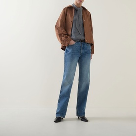 Model wearing Marella Calamo Water-Repellent Jacket in Tobacco Brown with blue straight-leg jeans, grey top, and black heeled boots.