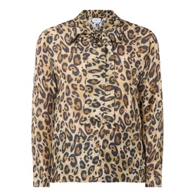 Marella Nastro Silk Leopard Print Blouse in beige spotted, featuring pussy bow tie collar, long sleeves, and buttoned cuffs.