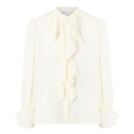 Marella Caldaia Silk Ruffle Blouse in white with stand collar, front ruffle detailing, puff shoulders and elasticated flared cuffs