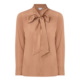 Marella Kabala Silk Tie Front Blouse in Tobacco Brown with stand collar, long sleeves, and oversized bow tie detail